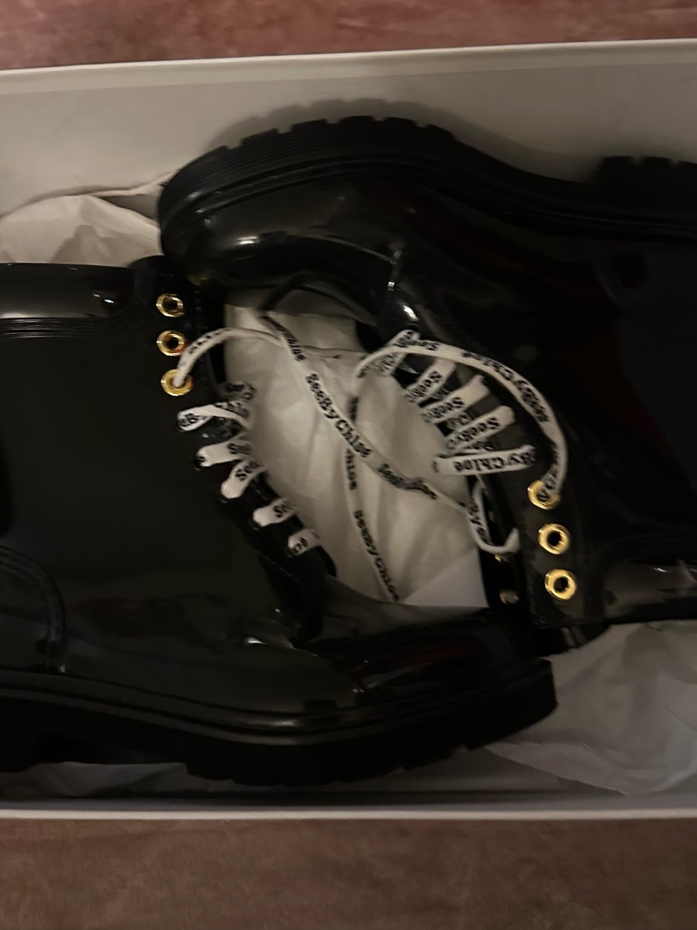 See By Chloe Patent Black Lace-Up Combat Boots with Branded Laces